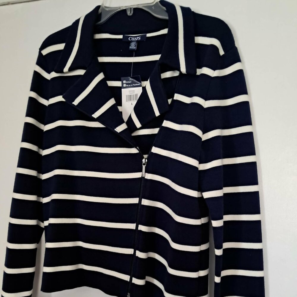 Chaps Navy & White Nautical Knit Moto Jacket Size Large $99 NWT